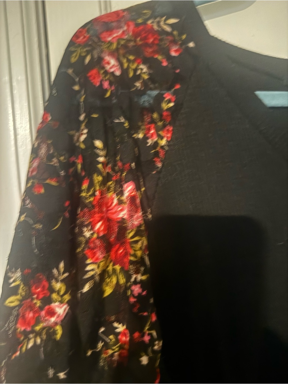 MIHOLL XXL Black V-Neck Top with Floral Sheer Sleeves - Picture 3 of 9